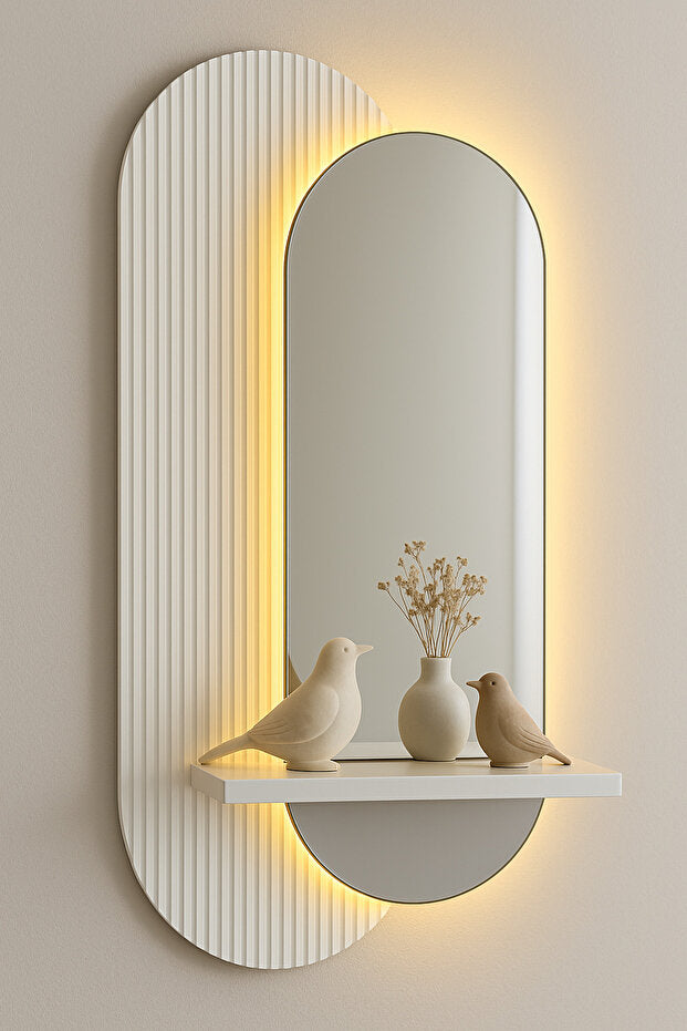 Dekor Fark 40x90 cm Pleksi Aynalı LED Duvar Dekoru - Raflı, Kumandalı - Model D001