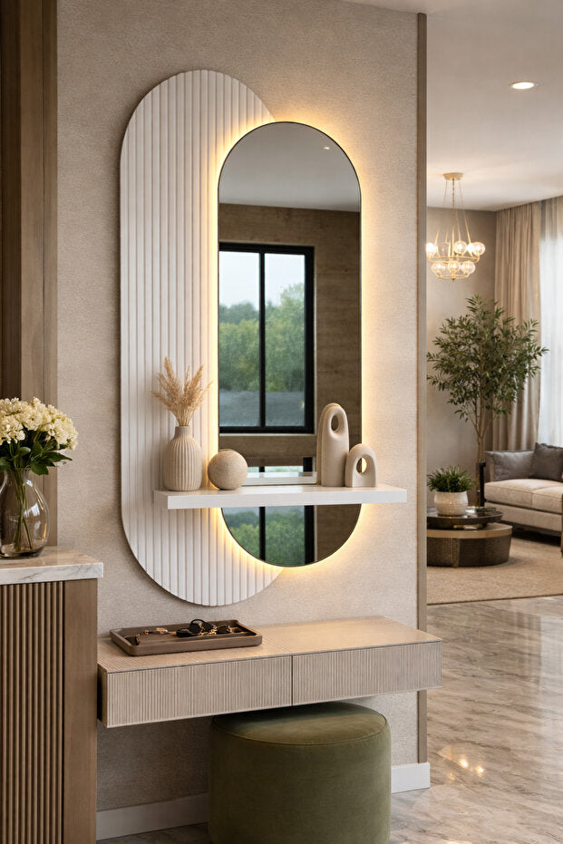 Dekor Fark 40x90 cm Pleksi Aynalı LED Duvar Dekoru - Raflı, Kumandalı - Model D001