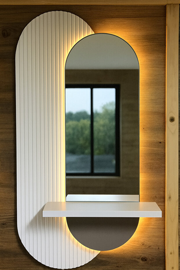 Dekor Fark 40x90 cm Pleksi Aynalı LED Duvar Dekoru - Raflı, Kumandalı - Model D001