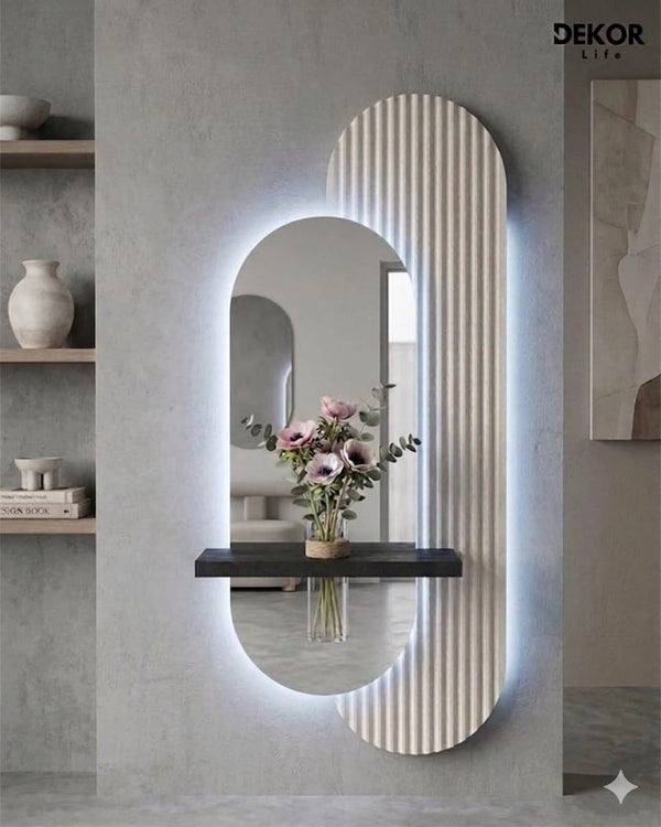 Dekor Fark 40x90 cm Pleksi Aynalı LED Duvar Dekoru - Raflı, Kumandalı - Model D002